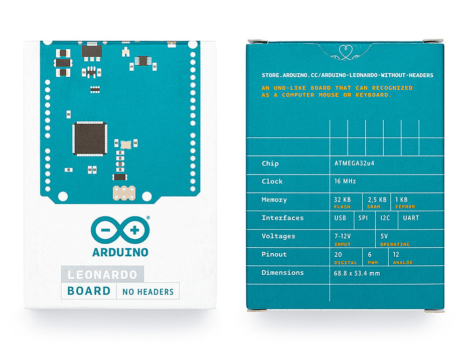 Retail packaging of Arduino Leonardo without headers, featuring product branding and specifications.