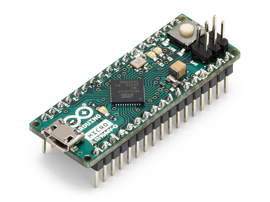 Angled isometric view of Arduino Micro with headers, highlighting the micro USB connector and pin layout.