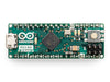 Front view of Arduino Micro board with headers, featuring ATmega32U4 microcontroller, micro USB port, and ICSP header.
