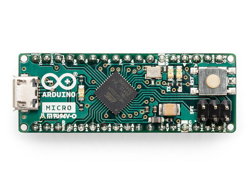 Front view of Arduino Micro board with headers, featuring ATmega32U4 microcontroller, micro USB port, and ICSP header.