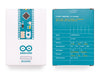 Retail packaging of Arduino Micro board with headers, featuring product branding and specifications.