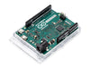 Angled isometric view of Arduino Leonardo with headers, highlighting the micro USB connector, power jack, and pin layout.