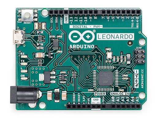 Front view of Arduino Leonardo board with headers, featuring ATmega32U4 microcontroller, micro USB port, and ICSP header.