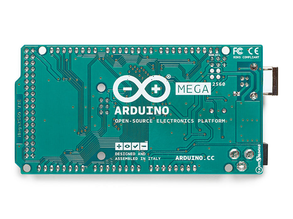 Rear view of Arduino Mega 2560 Rev3 board displaying solder points, PCB traces, and component layout.