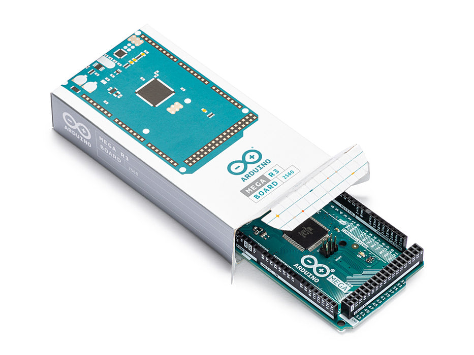 Unboxed Arduino Mega 2560 Rev3 with included packaging and accessories.