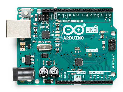 Front view of the Arduino Uno Rev3 SMD board showcasing the ATmega328P microcontroller and labeled I/O pins.