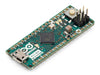 Angled perspective of Arduino Micro without headers, highlighting micro USB connector and onboard components on blue PCB.