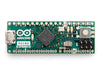Front view of Arduino Micro without headers, showcasing ATmega32U4 microcontroller and micro USB port on compact blue PCB.