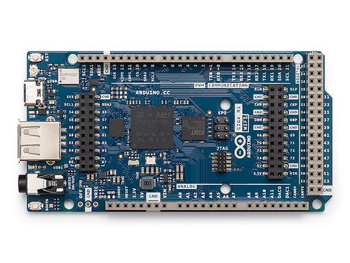 Front view of Arduino GIGA R1 WiFi board showcasing USB-C and USB-A ports, 3.5mm audio jack, and dual DAC outputs.