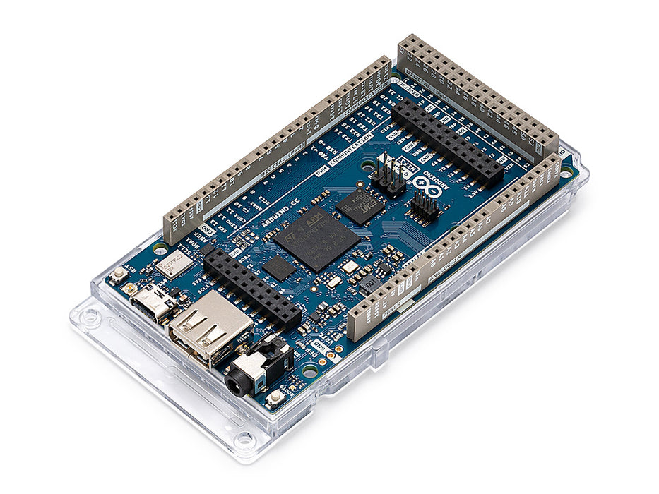 "Angled isometric view of the Arduino GIGA R1 WiFi development board highlighting its dual-core microcontroller, USB ports, GPIO headers, and Wi-Fi antenna.