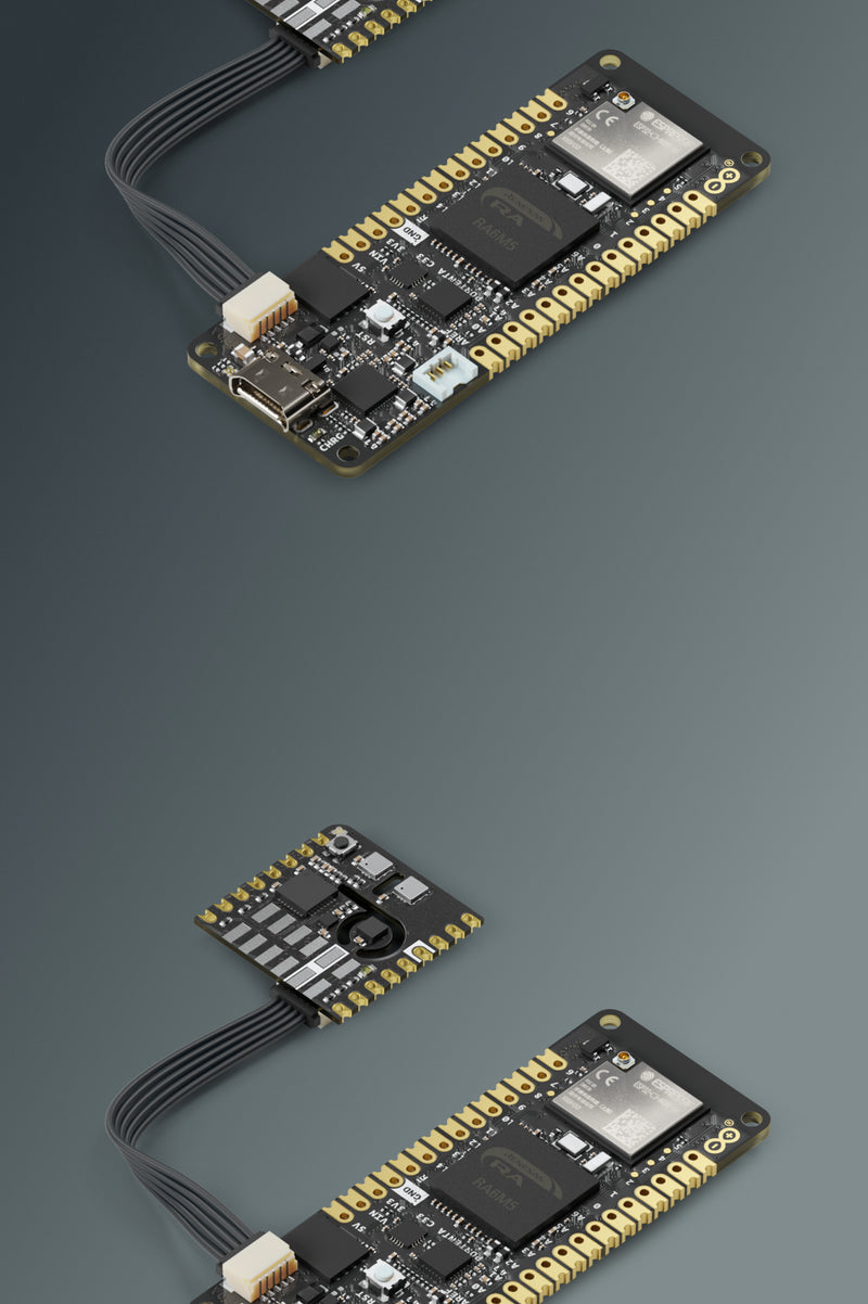Multiple views of the same Arduino microcontroller and sensor module connected via ribbon cables, showcasing hardware layout and pin structure.