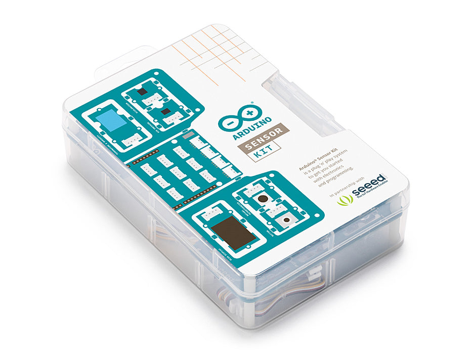 Angled view of the Arduino Sensor Kit Base inside its retail packaging, showing pre-mounted Grove modules and Base Shield.
