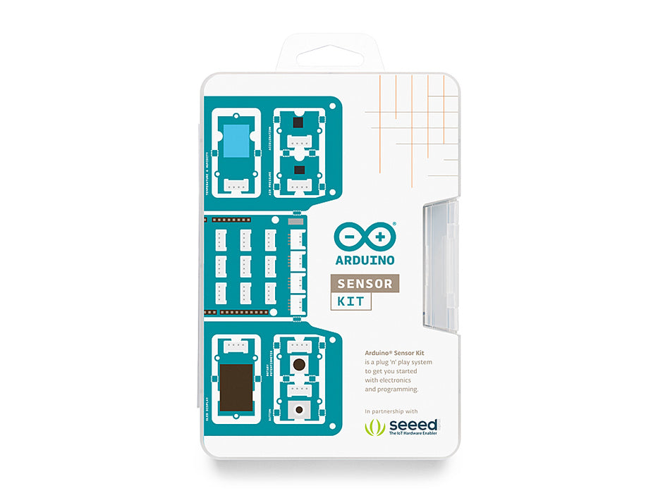 Top-down view of the Arduino Sensor Kit Base sealed in its packaging, highlighting labeled Grove connectors and modules.