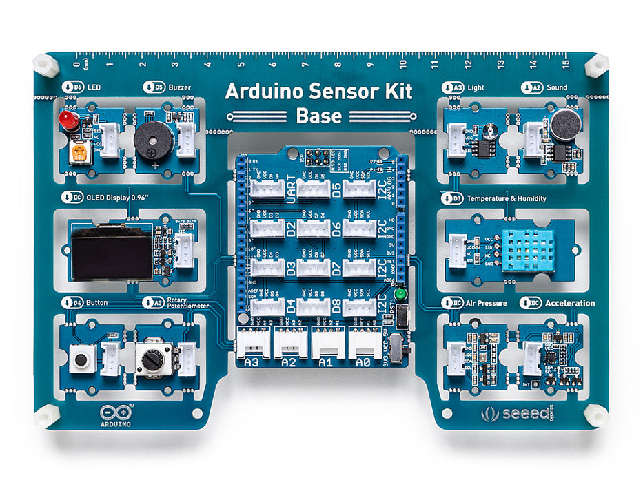 Arduino Sensor Kit Base unboxed view showing Base Shield, Grove modules, and Grove cables arranged neatly for display.